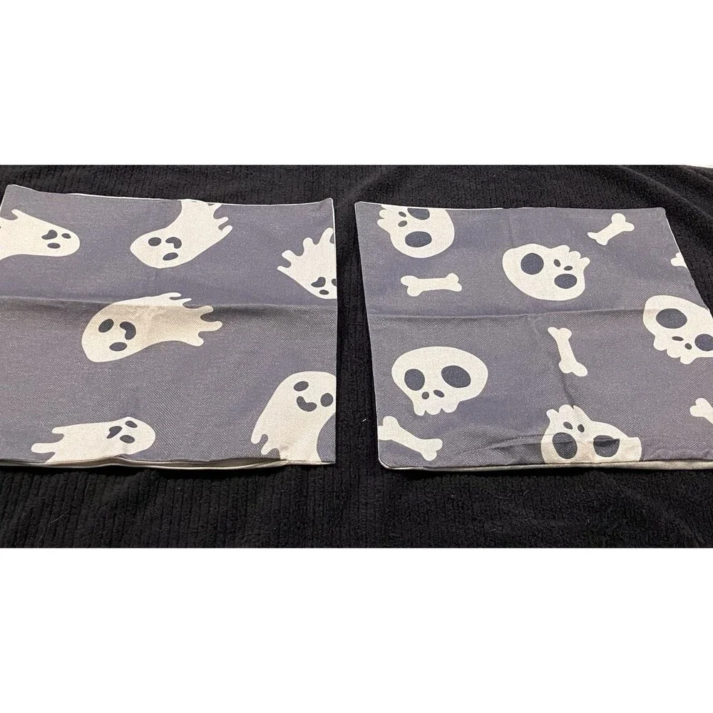 2 Spooky Halloween Throw Pillow Covers Holiday Home Decor Skulls Ghosts 17”